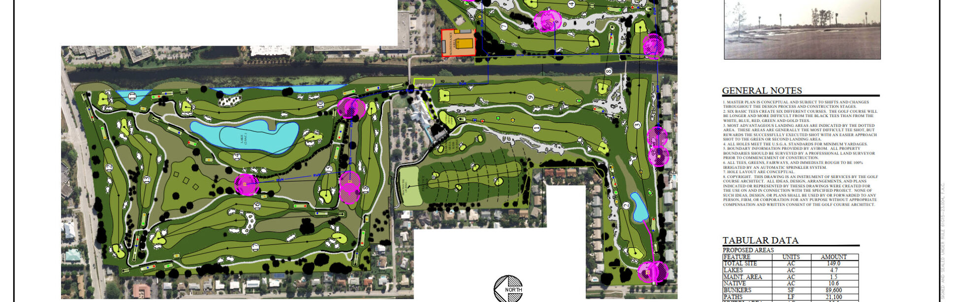 Detailed golf course layout with holes and landscaping features.